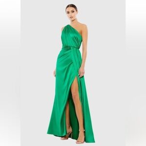 Mac Duggal Green Asymmetrical Ruched Prom Gown